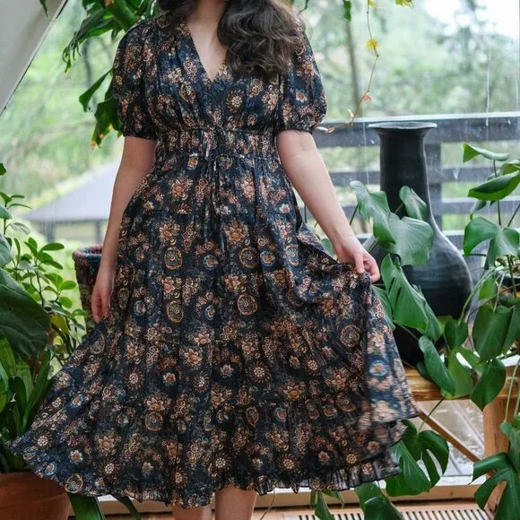 Ulla Johnson Navy Brown Floral Puff Sleeve Midi Dress - Picture 8 of 10